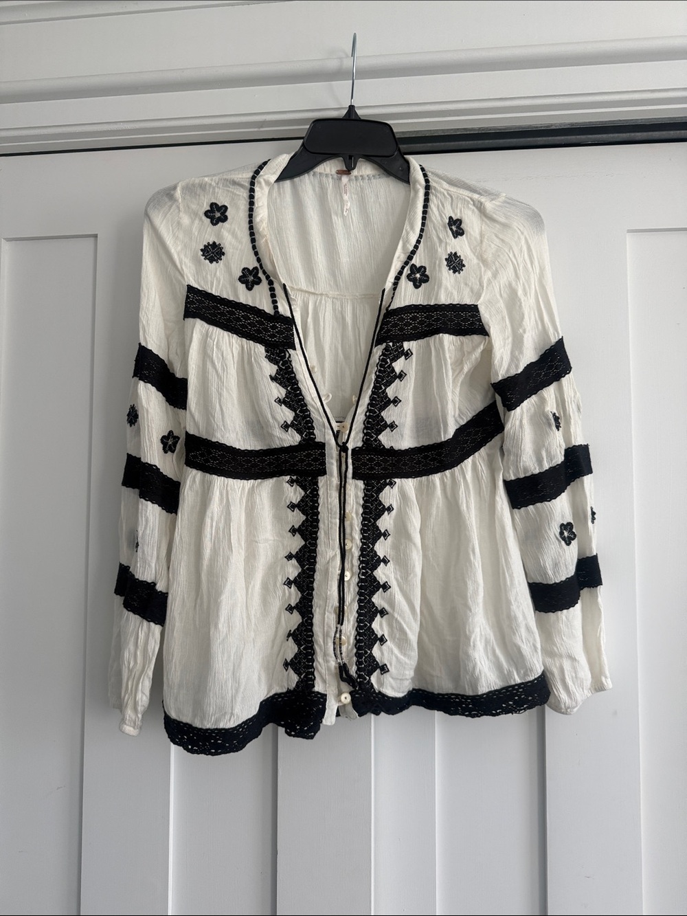 Free People White Blouse with Black Embroidered Trim